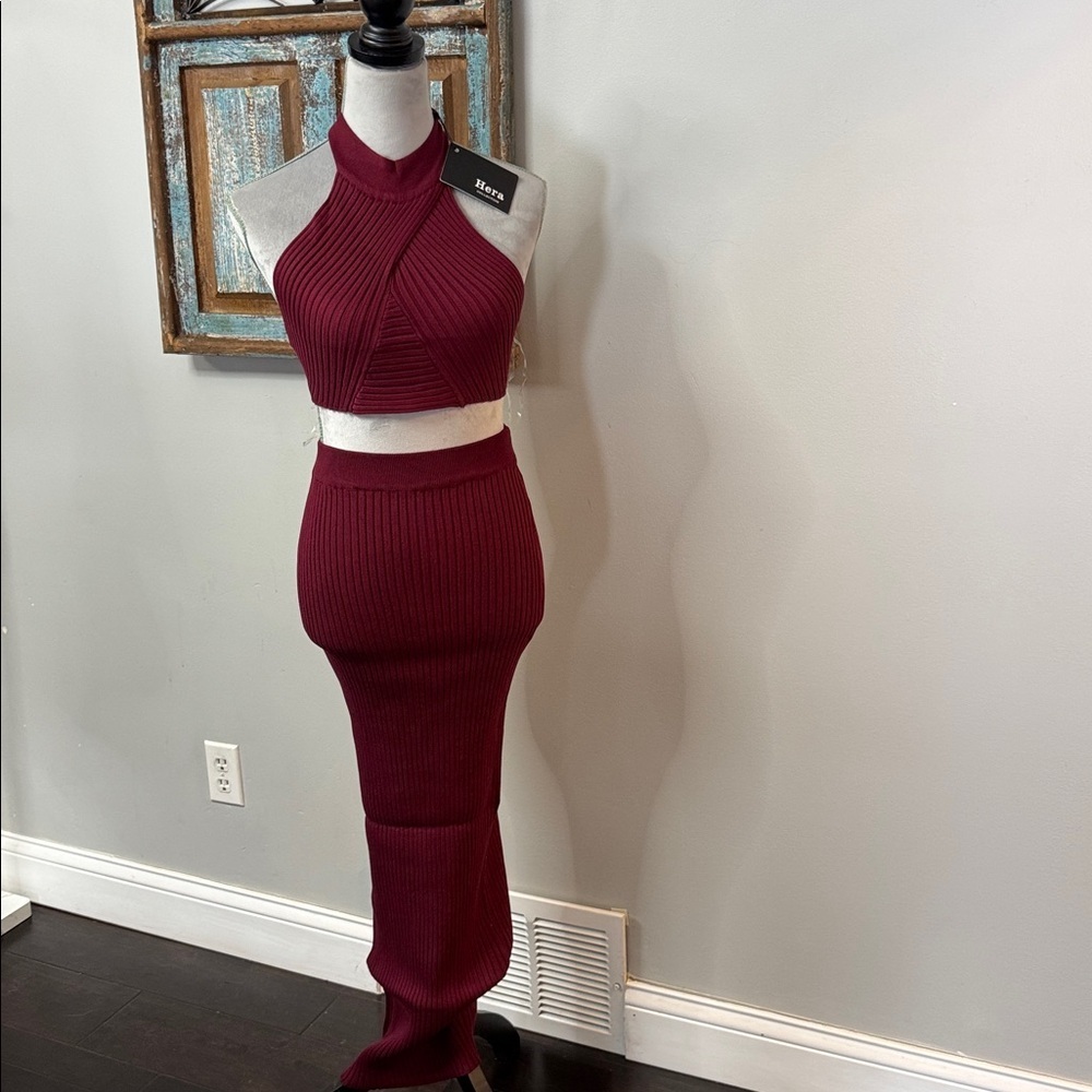 Hera Collection Maroon Ribbed Halter dress duo NWT M
